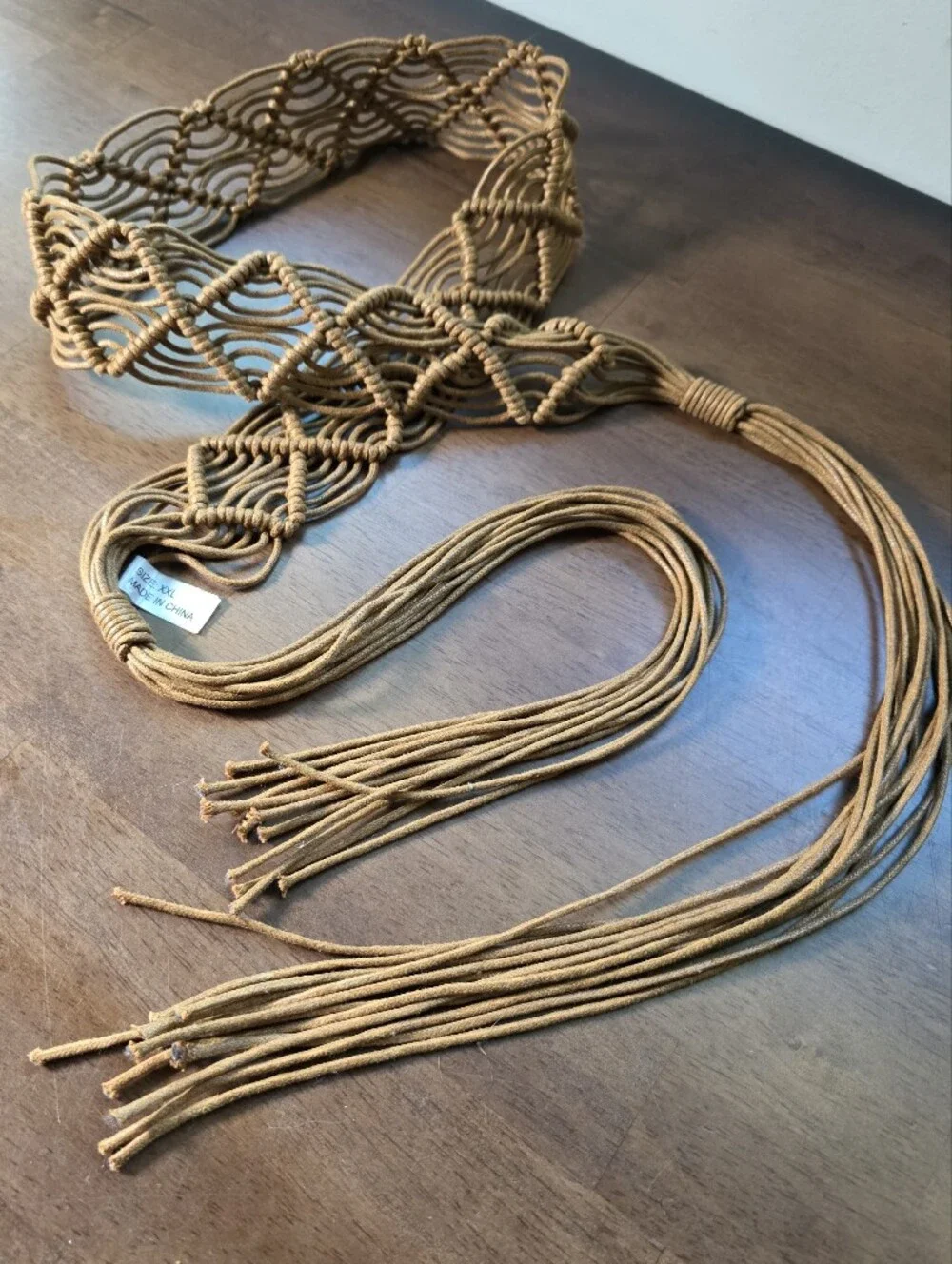 Boho Macramé Woven Tie Belt Tan Fringed Tassel Plus Size XXL